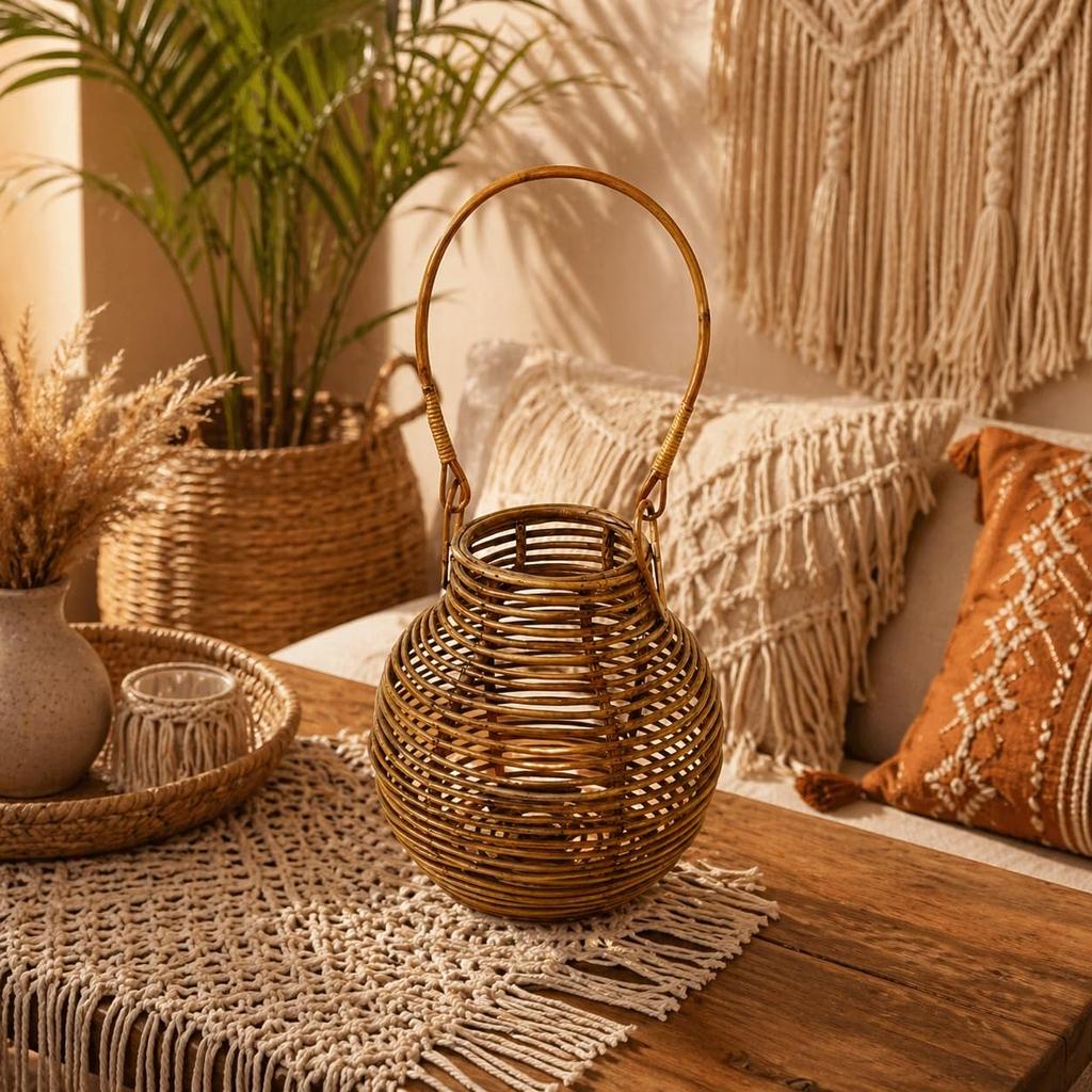 Eco Decx Rattan Hurricane Lamp with Handle, Woven Decorative Table Lamp for Bedroom, Living Room & Bedside Decor, 25  x  25  x  30 cm