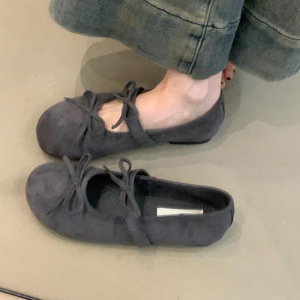 Soft-soled version~ Gentle fairy wind shallow mouth temperament Mary Jane shoes women's bow round head suede flat-soled small single shoes