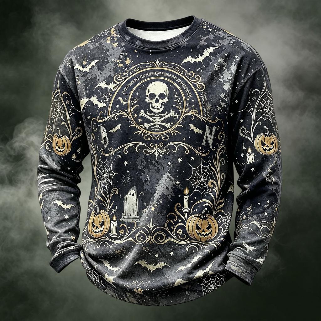 Men's Casual Long Sleeve Crewneck Halloween Print Top