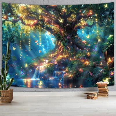 Fantasy Waldbaum Schmetterling Wandbehang, Fee Magischer Verzauberter Dschungel Wasserfall Pilz Wandteppich für Schlafzimmer Wohnzimmer