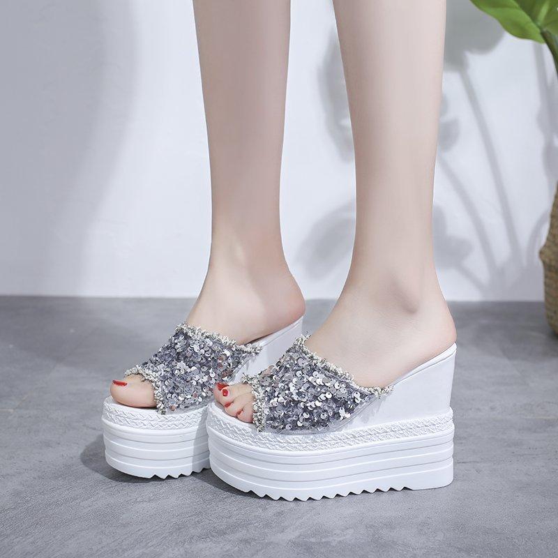 Women's Fashion Platform Slippers Designer Wedge Sandals Elegant Sequins Summer Party Shoes