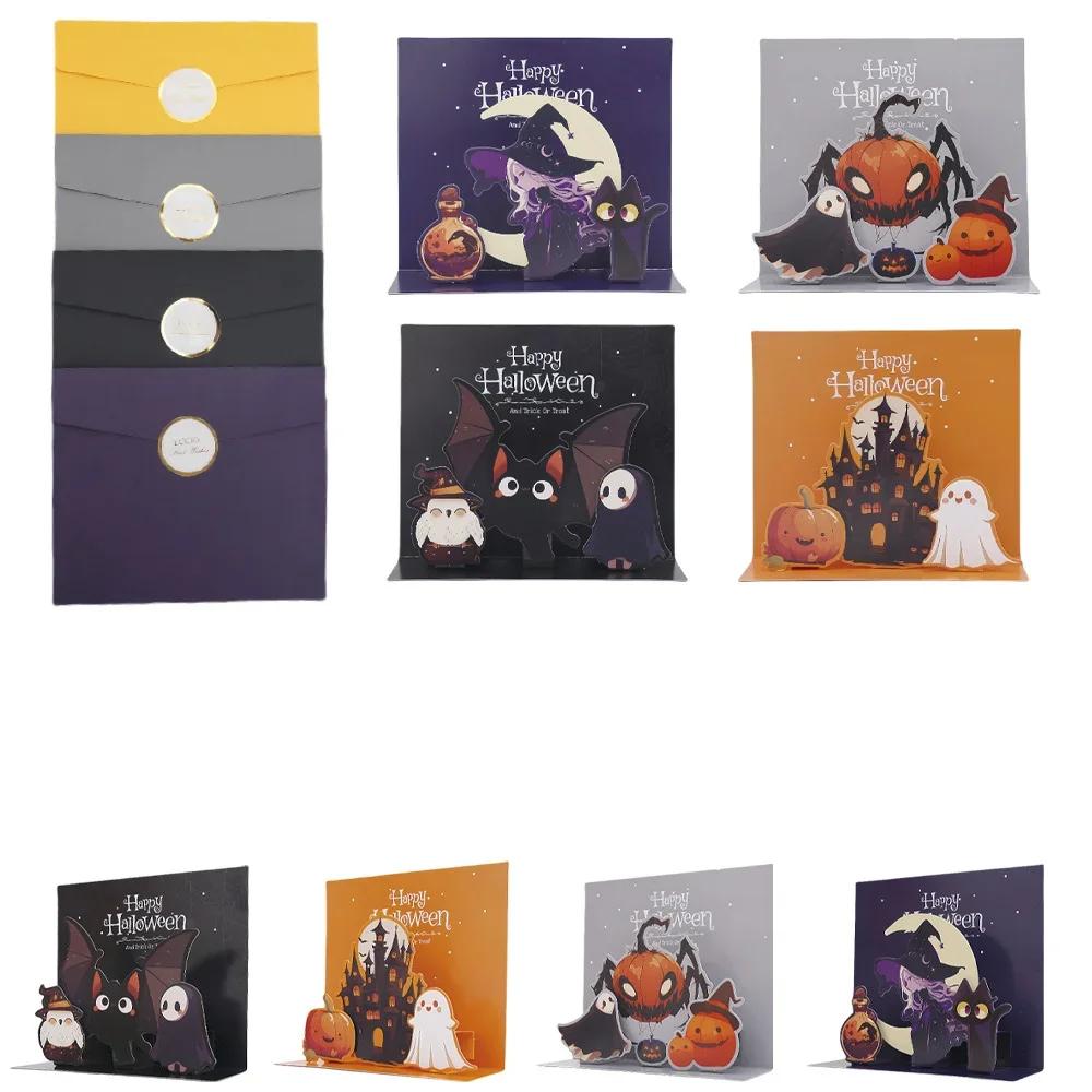 Handmade Halloween Pop-Up Greeting Card with 3D Haunted House, Moon, Pumpkins, Ghosts Design - Includes Note Card & Envelope