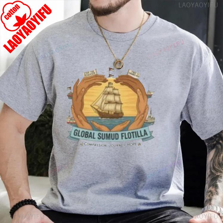 Peace Global Sumud Flotilla Unisex Printed TShirt Crew Neck Short Sleeve Cotton Top All Seasons Fashion Casual Soft Shortsleev