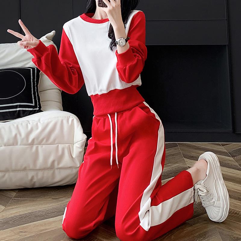 

Женский повседневный спортивный костюм колор-блок на весну/осень - Облегающий топ и брюки, двухпредметный красный