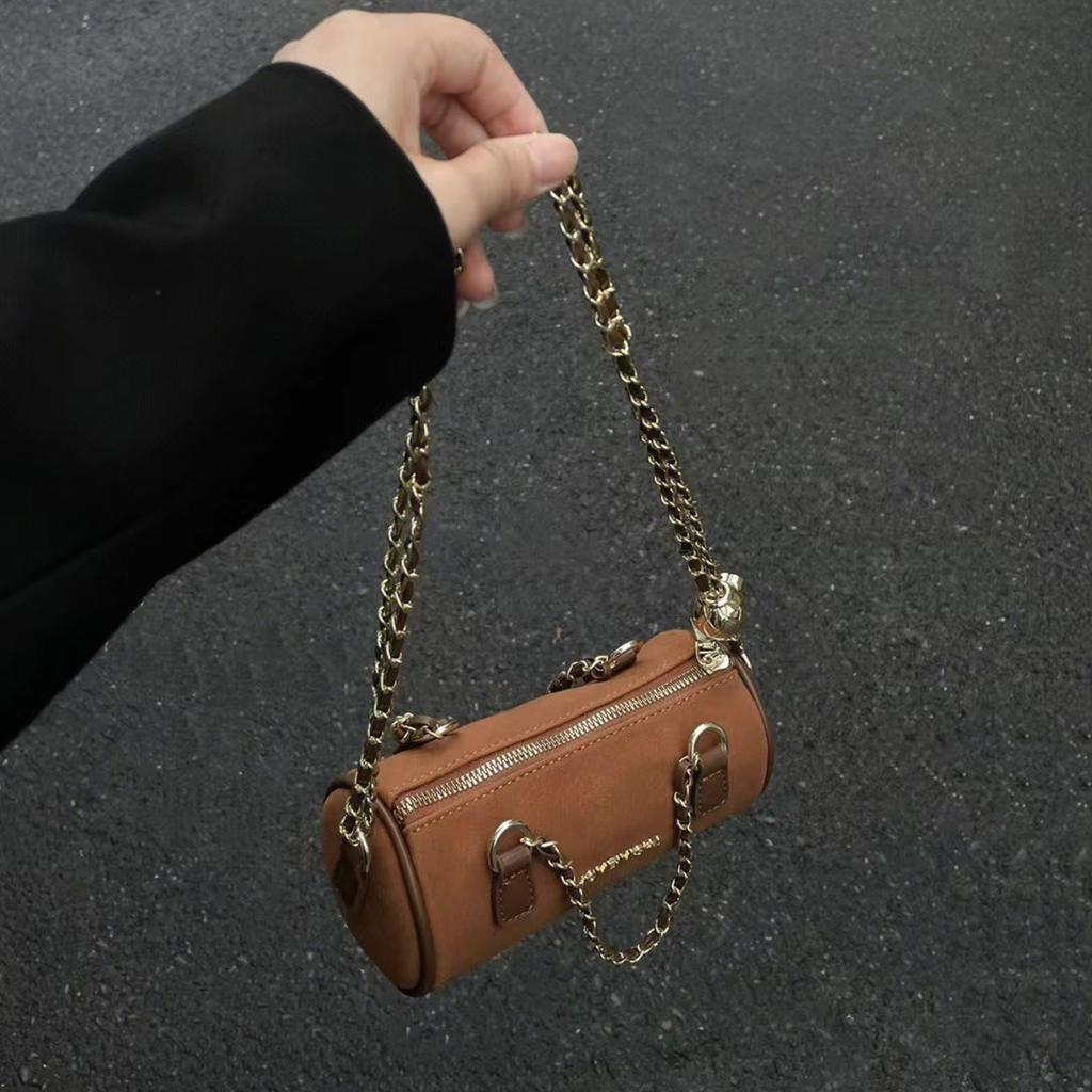 Premium Handbag designed for Women's High-end Classic Niche Diamond Chain Cylinder Bag Beige Brown Color-block Crossbody Bag