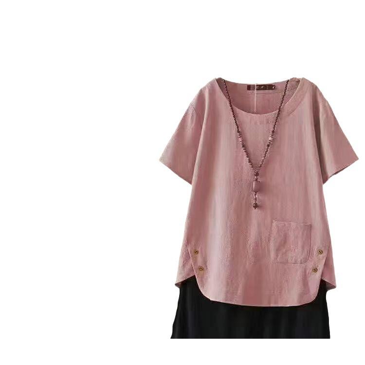 Women's Summer 2024 Cotton & Linen Retro Japanese T-Shirt - Short-Sleeve, Large Size, Casual Ethnic Style