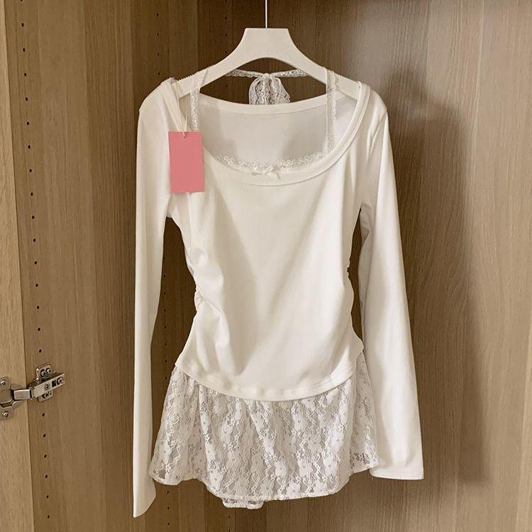Spring & Autumn Ballet Style Lace Halter Layered Long Sleeve Women s T-shirt XS (For 50-70 jin)