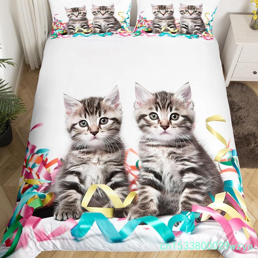 Kawaii kočičí povlak na peřinu Růžová mašlička Koťátko Ložní souprava Sladký zvířecí přikrývka Potah na přikrývku Princezna Mašlička Holčičí Polyesterový potah na přikrývku