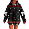 Ladies' Christmas Printed Bow Long Sleeved Loose Fitting Headband With Rope Hooded Sweatshirt Top