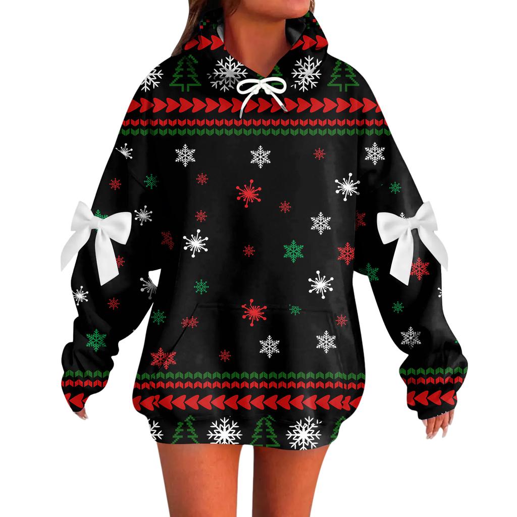 Ladies' Christmas Printed Bow Long Sleeved Loose Fitting Headband With Rope Hooded Sweatshirt Top