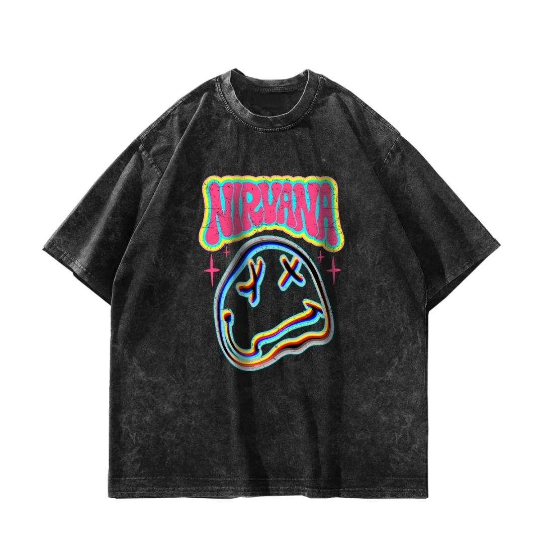 

Vintage rock smiley face printed vintage short sleeved T-shirt, high street trendy loose fit, unisex casual versatile top for outdoor wear XXL чорний