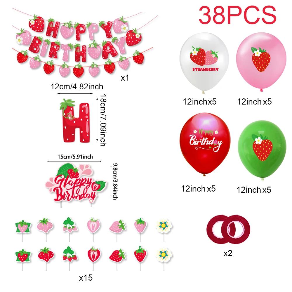 Runtow 38pcs Strawberry Balloon Birthday Party Decoration Strawberry Flag Cake Card Insertion Balloon Decoration