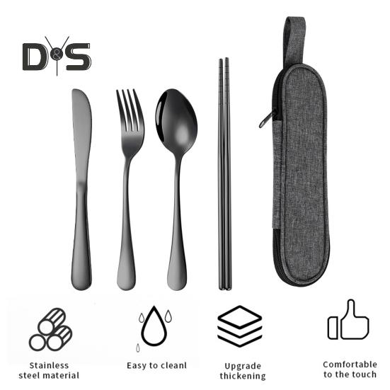 Stainless Steel Cutlery Set 4-Piece Retro Tableware Fork Spoon Chopsticks Knife with Storage Bag Mirror Polished Dishwasher Safe Cutlery Set for Home