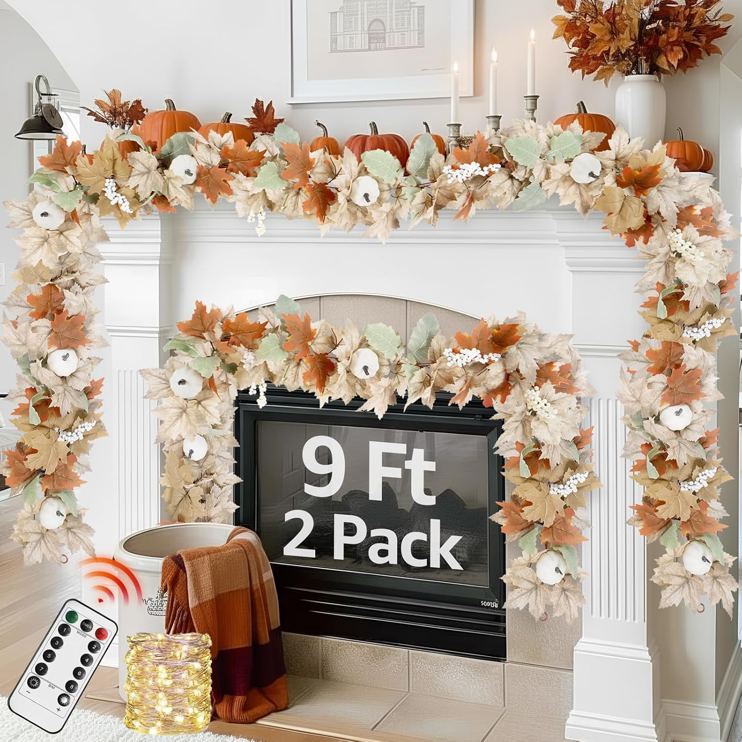 

4-Pack 36ft Neutral Fall Garland with Pumpkins for Mantle, Fireplace, Porch, Halloween & Thanksgiving Decor 9Ft