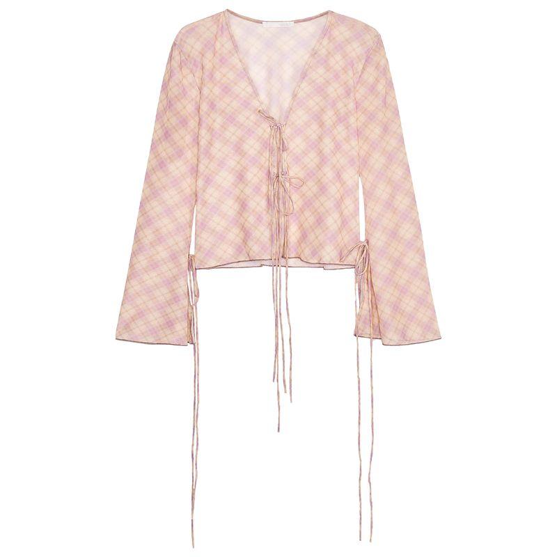 

Zaprha2025 New Arrival French Style Printed Checks Shirt Silk Net V Neck Translucent Long Sleeves Shirt for Women 5039348 Yellow/Purple Plaid L