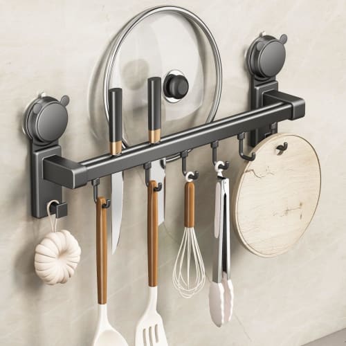Wall-Mounted Kitchen Tool Hooks with Strong Adhesive and Suction Cups, Wall Beauty, Kitchen Storage, Cookware Storage, No-Drill Hooks, Metal and Alumi
