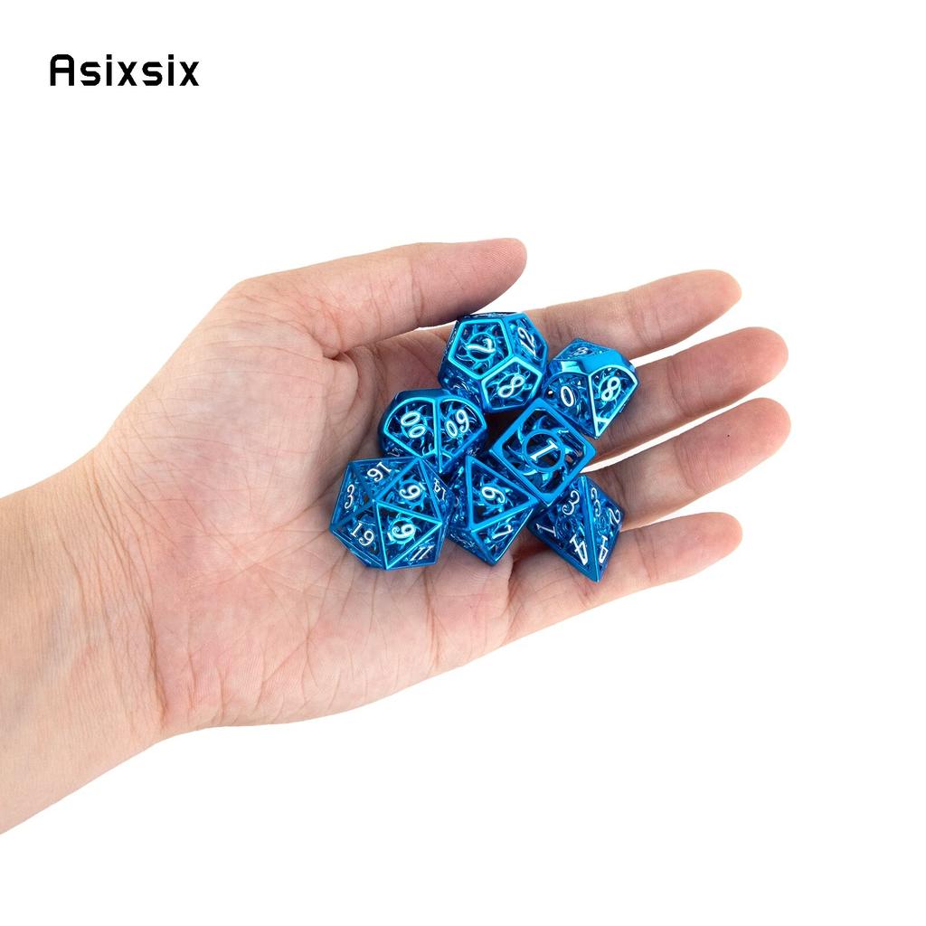 7 Pcs Blue White Rotary Cyclone Metal Dice Hollow Metal Polyhedral Dice Set Suitable for Role-Playing RPG  Board Game Card Game