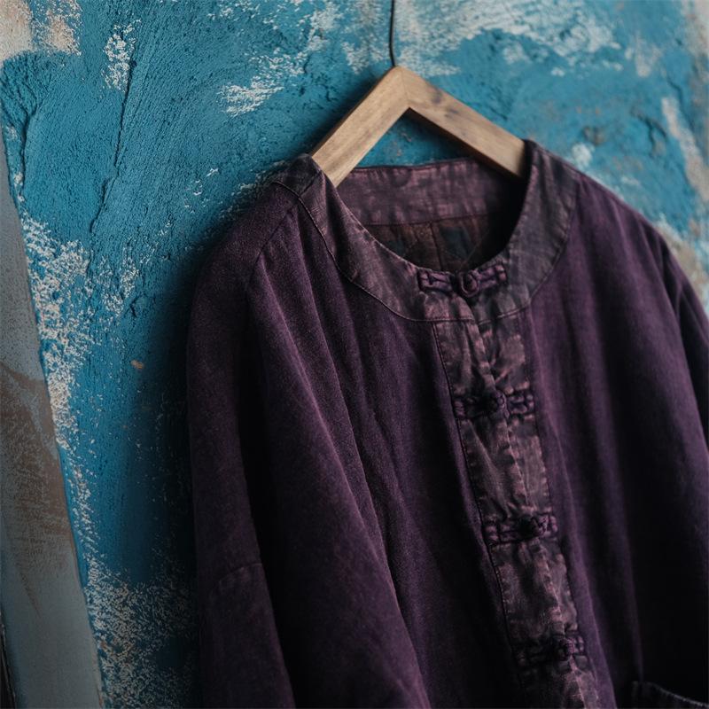 Johnature Vintage Women Purple O-Neck Long Sleeve Autumn Coats Button Patchwork Pockets Coats