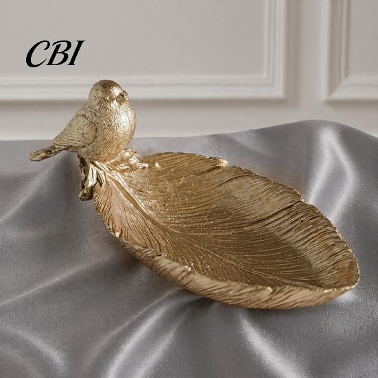 Resin Trinket Tray Elegant Bird Leaf Shaped Dish, Jewelry Tray, Vintage Gold Ring Tabletop Storage Holder for Nightstand Dresser, Small Decorative