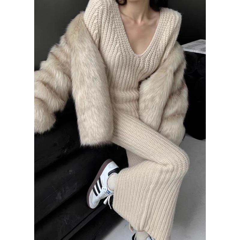 

Ретро высококлассное длинное платье темпераментная светская львица облегающее V-образный вырез вязаное платье-свитер женское осенне-зимнее тонкое платье S абрикосовый