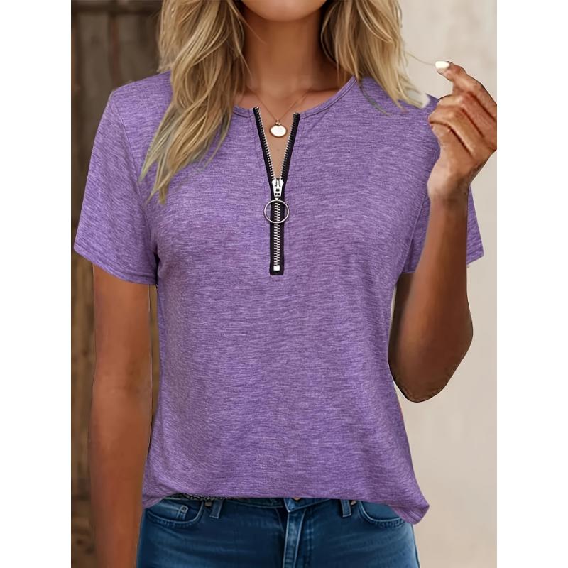 Women Elegant V-neck Zipper Detail Short Sleeved T-shirt for Spring, Summer, Autumn Casual Wear, Machine Washable