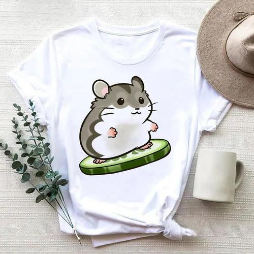 Cartoon Cute Hamster Cartoon Cute Hamster Baby Round Neck Big Size Round Neck Black T-shirt Woman Tops