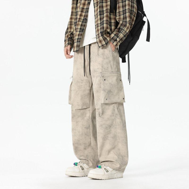Men's Elastic High-waist Pocket Fashionable and Versatile Casual Workwear Wide-leg Spring and Autumn Trousers