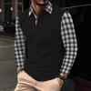Trendy Long Sleeve Polo Shirt with Contrast Checkered Sleeves, Great for Casual Outings.