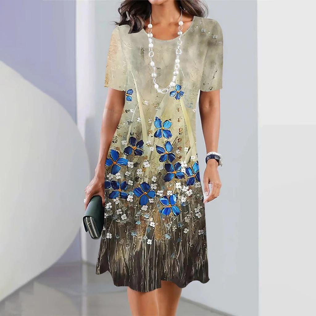 Rundhals Print Blumenkleid Taillenbetontes Elegantes Kleid für Damen Kurzarm Lockere Kleider Causal Kleid