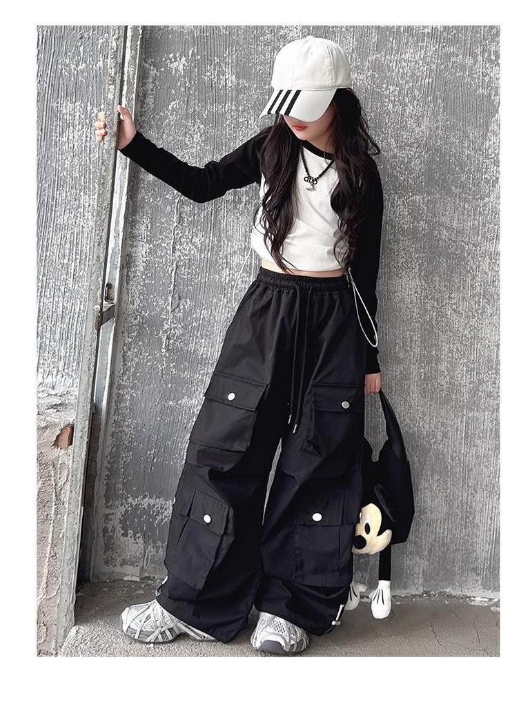 2025 Neue Mädchen Cargo-Hose mit weitem Bein: Stilvolle Herbst-Streetwear für große Kinder