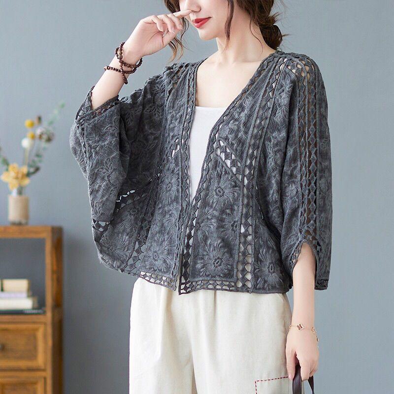 Gestrickte Hohlstrickjacke Damen Frühling und Sommer Äußeres Dünnes Oberteil Spitzenhemd Sonnenschutzhemd Klimaanlagenhemd Vielseitiger Schal