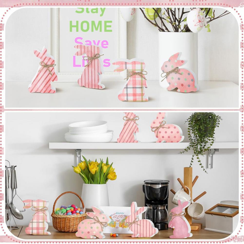 Wooden Easter Decorations Easter Bunny Table Sign 6 Pcs Easter Bunny Wood Signs Rustic Pink Wooden Bunny Blocks for Spring