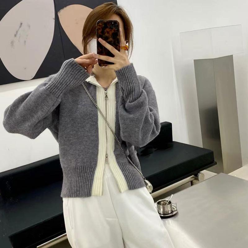 Autumn and winter double zipper color matching sweater women's jacket new knitted hooded lazy casual loose cardigan