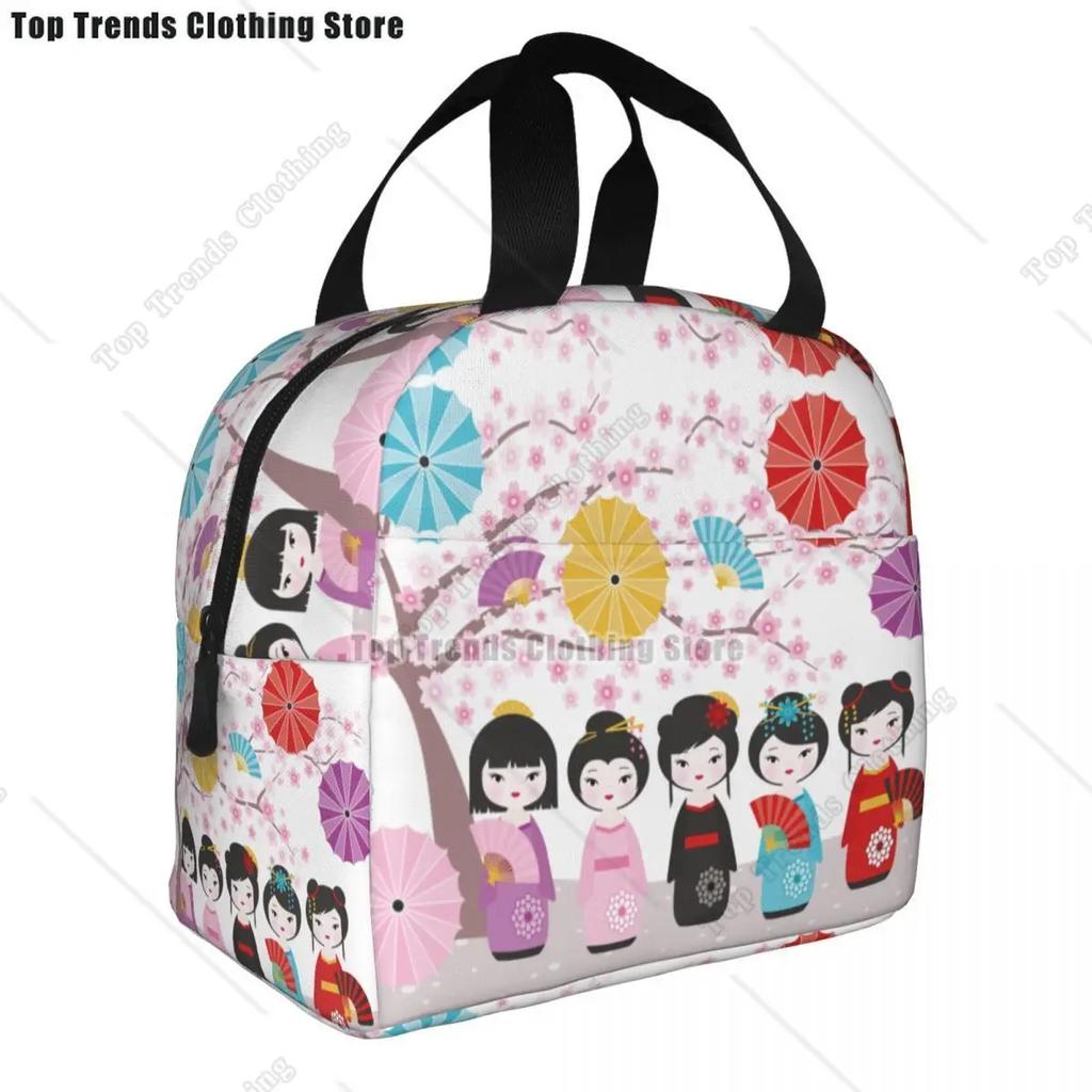 Japanese Keiko Kokeshi Doll Insulated Lunch Bag Cute Design Kimono Geisha Dolls Girls Cooler Thermal Bento Box Lunch Boxes