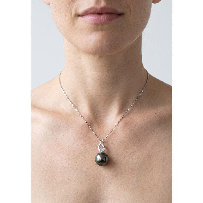 Pendentif - Pearls & Colors - Perle de Culture de Tahiti 9-10 mm Ronde - Or Blanc 375/1000 - Qualité A+ - Diamants - Femme
