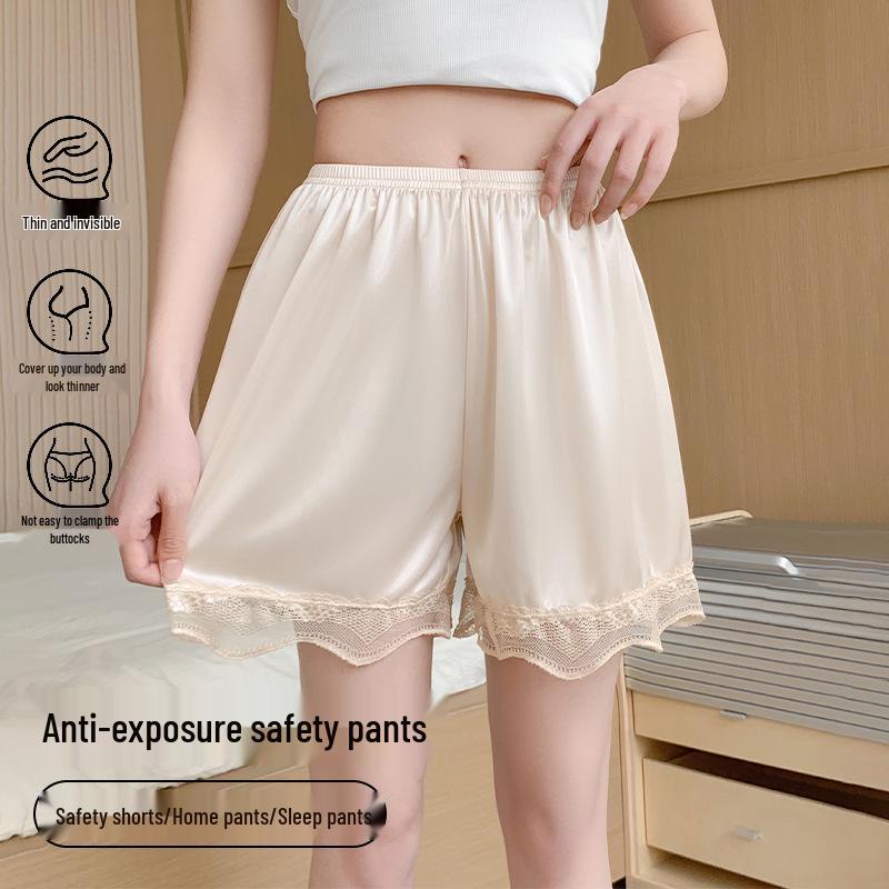 Women’s Lace Anti-Exposure Ice Silk Shorts: Non-Roll, Breathable, Home & Outdoor Wear, Perfect for Summer & Safe Sleep.