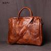 NZPJ Retro Handmade Top Layer Cowhide Leather Men's Handbag Vegetable Tanned Horizontal Computer Bag Zipper Briefcase