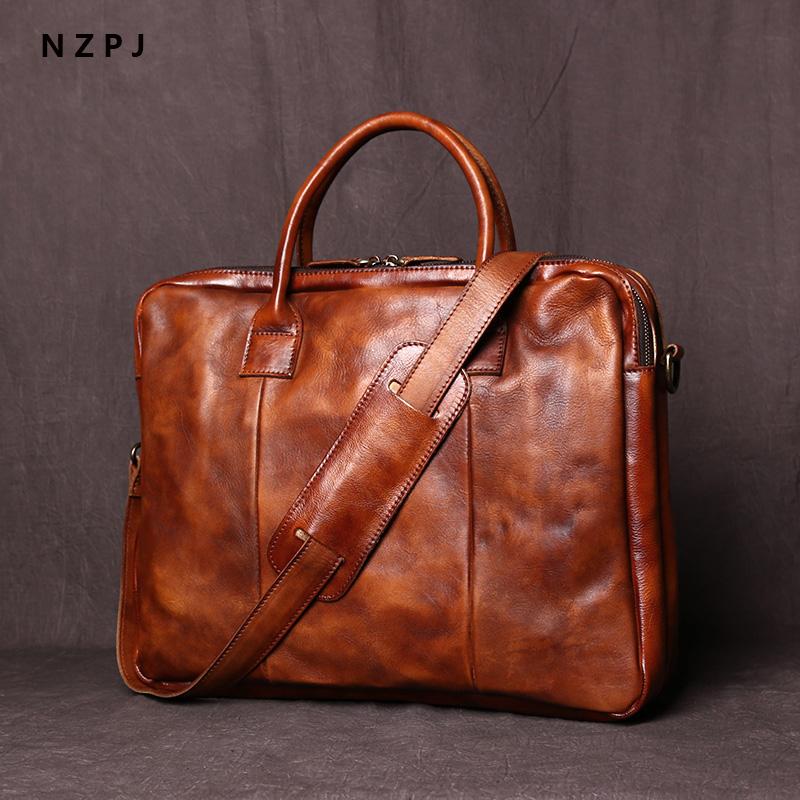 NZPJ Retro Handmade Top Layer Cowhide Leather Men's Handbag Vegetable Tanned Horizontal Computer Bag Zipper Briefcase