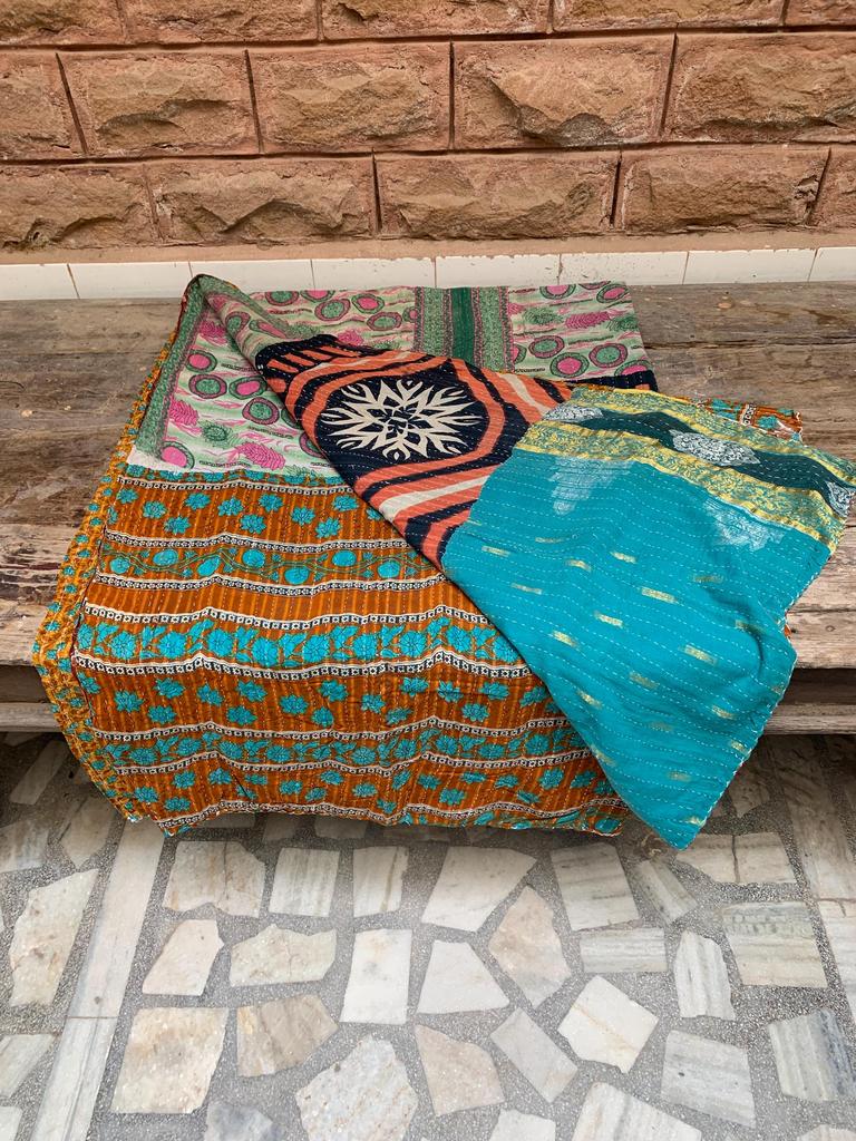 Floral Kantha Quilt: Reversible Sari Patchwork Throw - 82" x 56