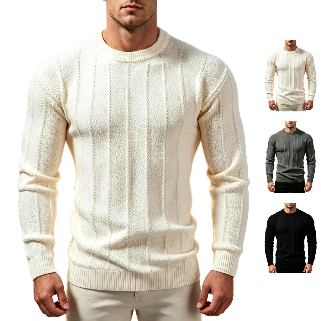 Men's Crewneck Ribbed Knit Sweater, Long Sleeve Pullover with Vertical Texture for Fall and Winter