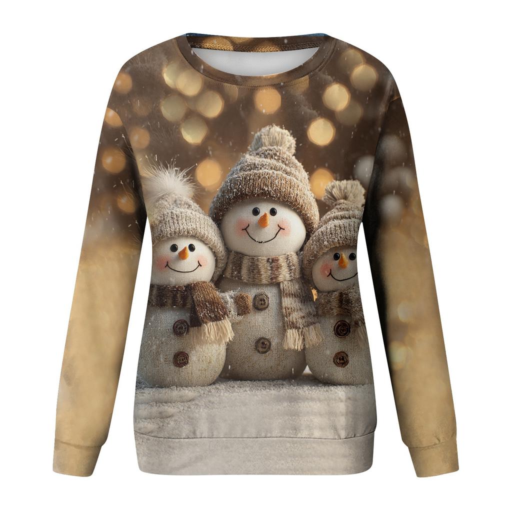 Women's Fashionable Casual Long-sleeved Retro Christmas Snowman Print Round Neck Top