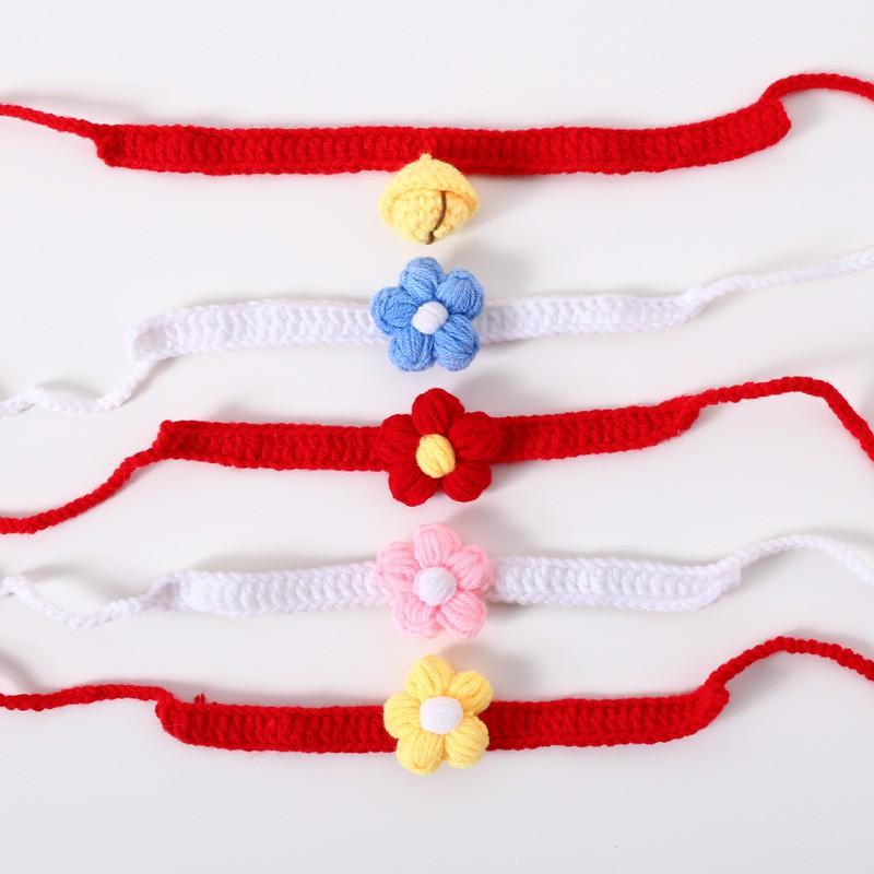 Handmade Knitted Pet Collar With Puff Flower Decor Adjustable Cats Dogs Fall Winter
