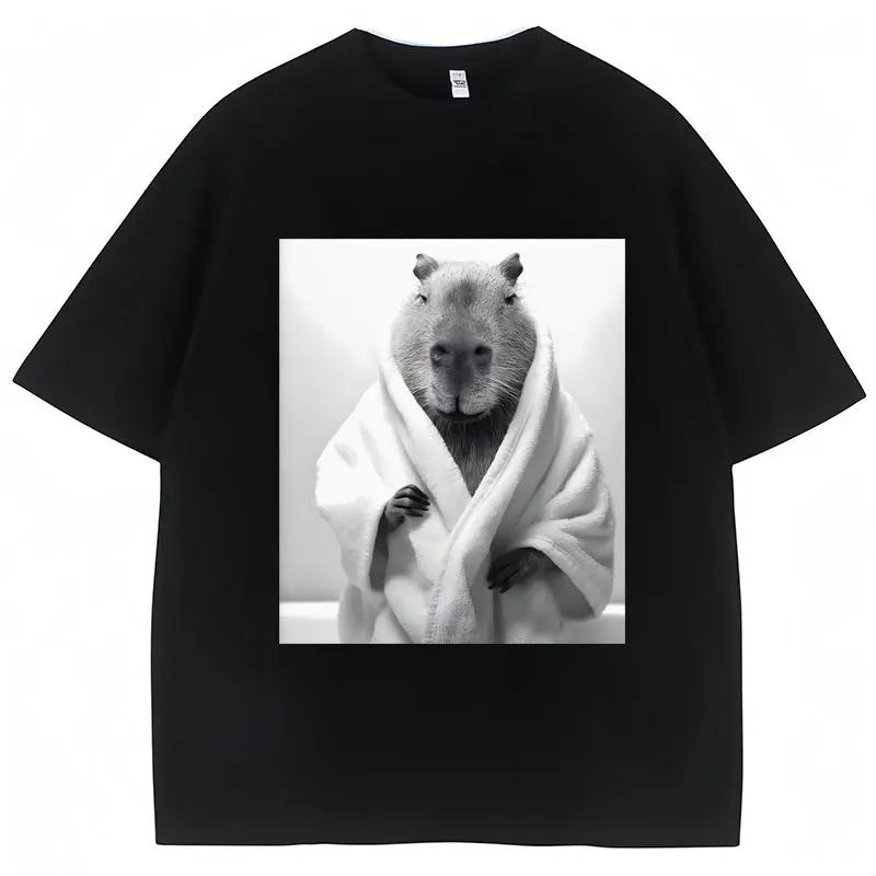 Funny Capybara in Bathrobe Print T Shirts Creativity Popular Unisex Summer Short Sleeve 100 Cotton Oversized Casual Tees Unisex