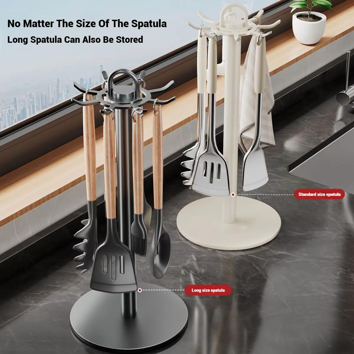 1pc Kitchen Rotating Spatula Rack Home Eight Hooks Kitchenware Holder Movable Cooking Utensils Storage Rack Kitchen Organizer colore grigio