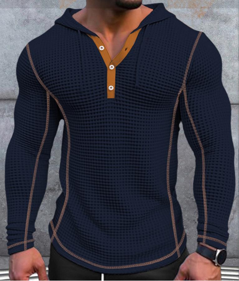 Men Waffle Knit Hooded Henley Shirt Vacation Long Sleeve T Shirt Casual Fashion Style