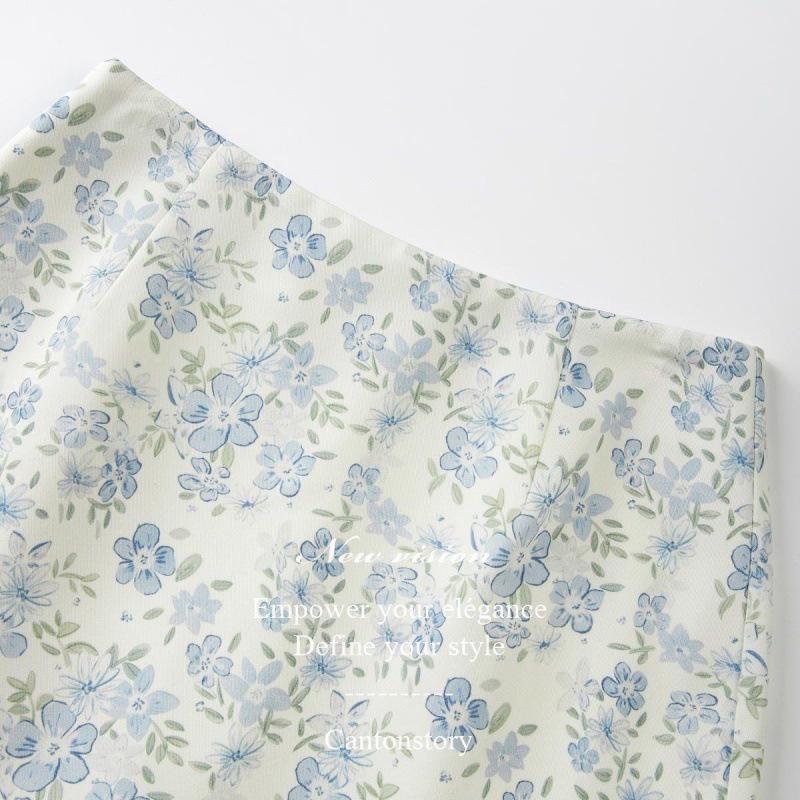 Sommer 2026 Blauer Blumiger High-Waist A-Linien Minirock