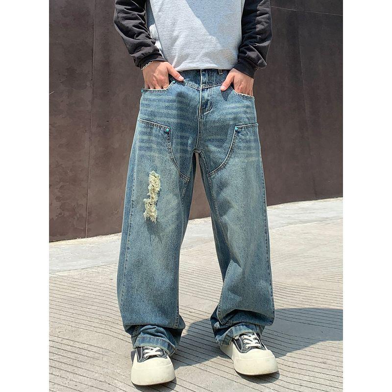 Wassup American High Street Fashion Brand Ripped Jeans for Men, Autumn and Winter Loose Straight-Leg Design Washed Wide-Leg Pants