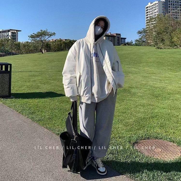 Women Vintage Oversize Grey Hoodie Sweatshirt Casual Streetwear Long Sleeve Letter Print Warm Baggy Clothing
