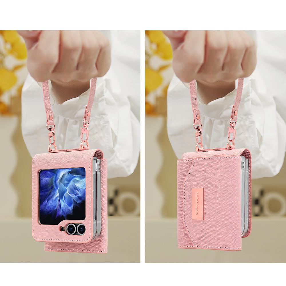Vietao-Z Flip 7 Wallet Phone Case With Wristband Strap, Fashion Girls Leather Purse Phone Cover For Samsung Z Flip 6 5 4 3, Pink