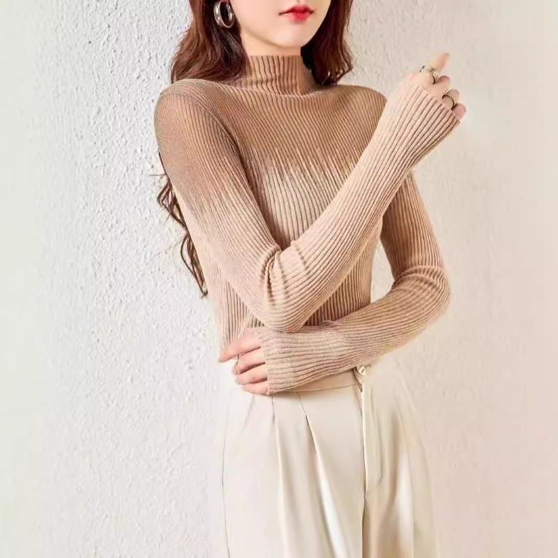 Mesh splicing silk wool knitted bottoming shirt women's autumn new turtleneck wool top with sweater inside